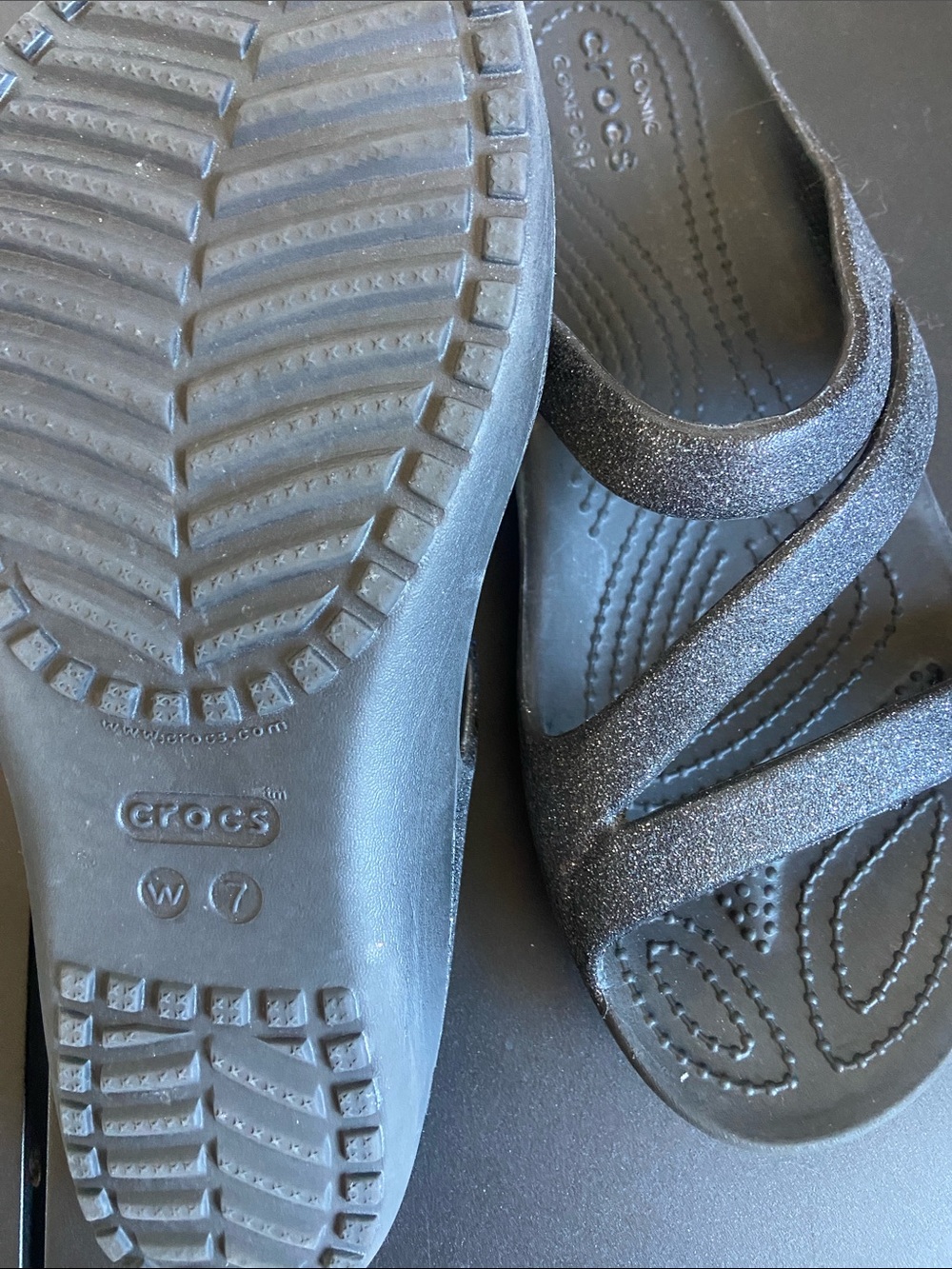 CROCS Black Glitter Strappy Slide Sandals - Picture 3 of 3